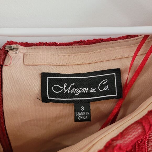 Morgan And Co Womens Off Shoulder Dress Size 3 Red Floral Lace Glitter Formal - Picture 8 of 8